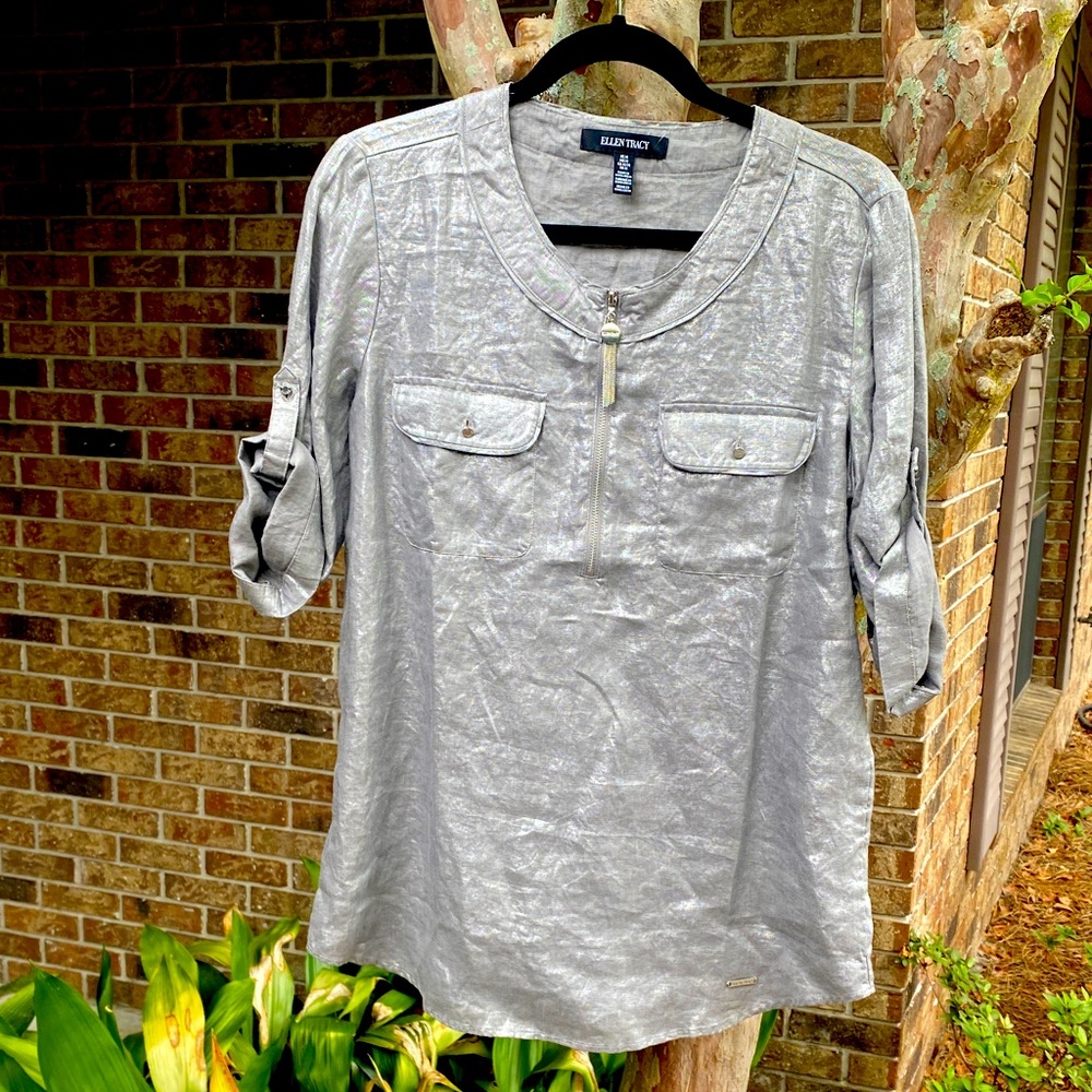 Ellen Tracy Silver Gray Half-Zip Roll-Sleeve Button Pocket Shirt